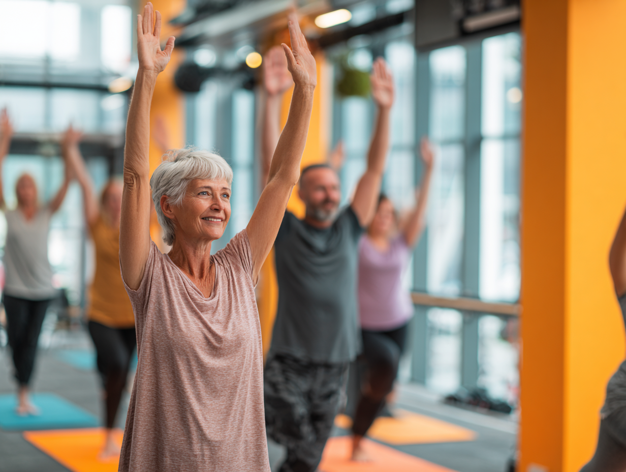 Різновікові люди займаються спортом в групі